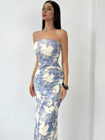 Strapless Blue Slim Fit Floral Dress