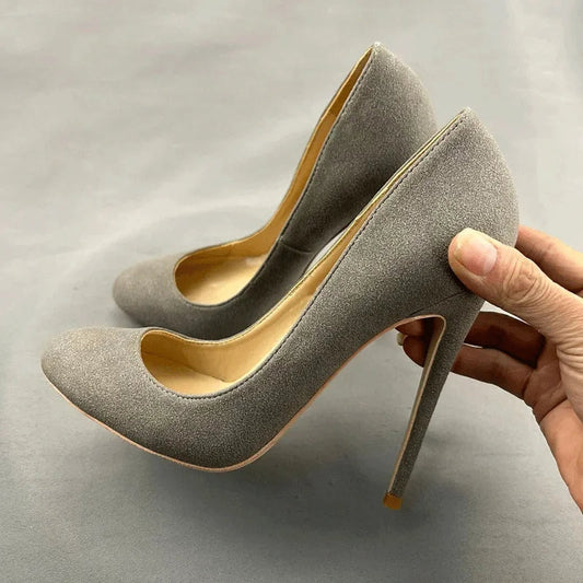 Grey Faux Suede Round Toe High Heel Shoes for Women