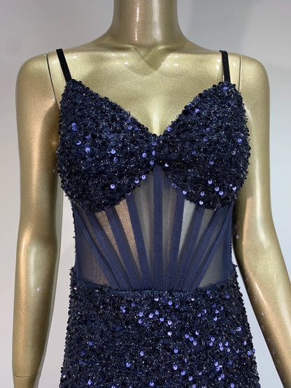 Mesh Sequins Blue Feather Long Dress