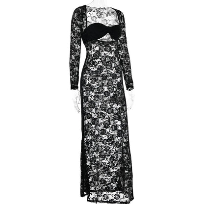 Perspective Lace Hollow Out Bodycon Maxi Dress