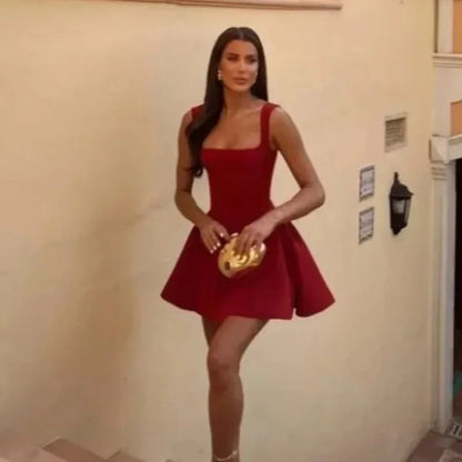 Red Square Neck Sleeveless Mini Dress
