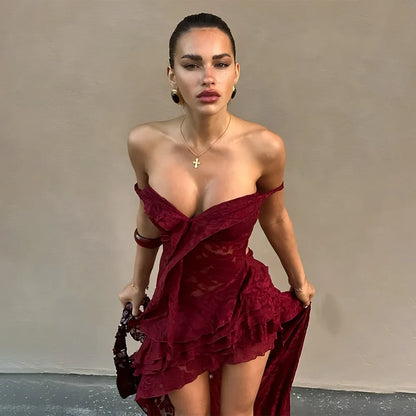 Burgundy Tulle Short Mini Off Shoulder Lace Up Prom Dress