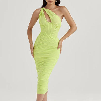 Hollow One Shoulder Mesh Midi Dress