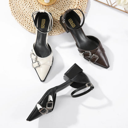 Women's Rhinestone Pointed Shallow Low-Heeled Sandals with Belt Buckle