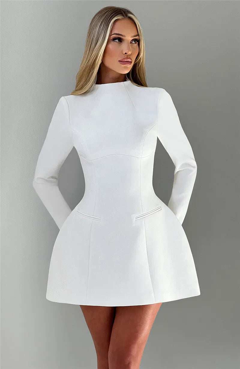 | White High Neck Long Sleeve Mini Dress