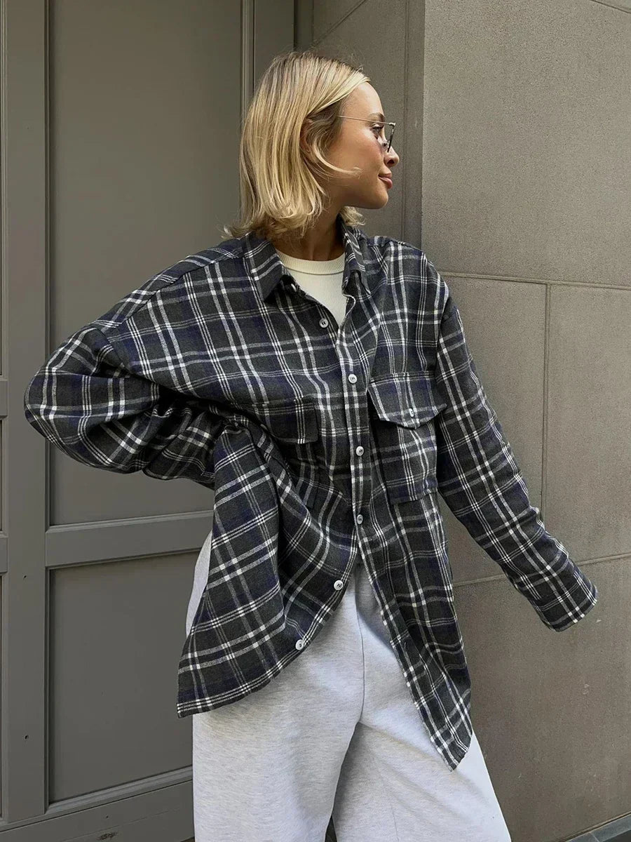 Women's Vintage Checked Flannel Shirt – Loose Fit Long Sleeve Top