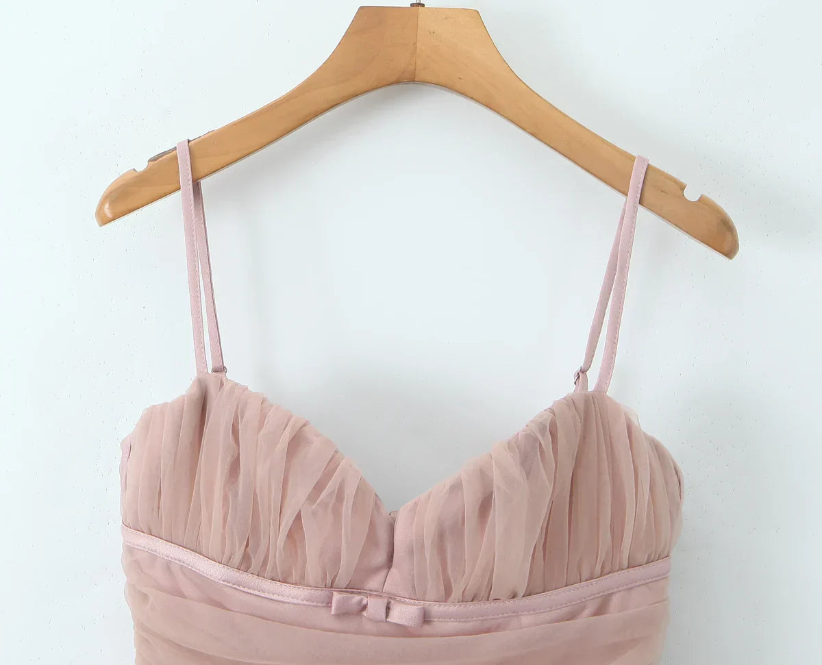 Pink Tulle Spaghetti Strap Mini Dress
