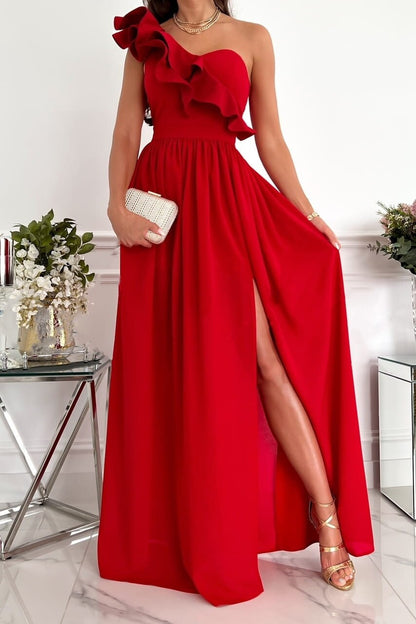 One Shoulder Ruffle Bodice High Slit Pleated Maxi Gown