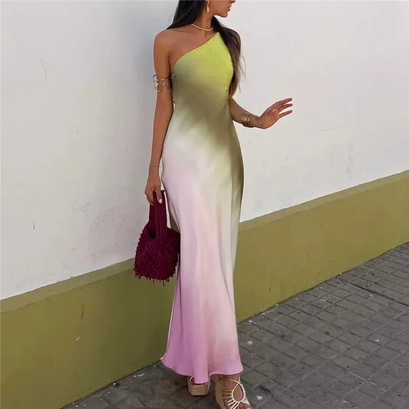 Tie Dye Satin Asymmetrical Midi Summer Dress