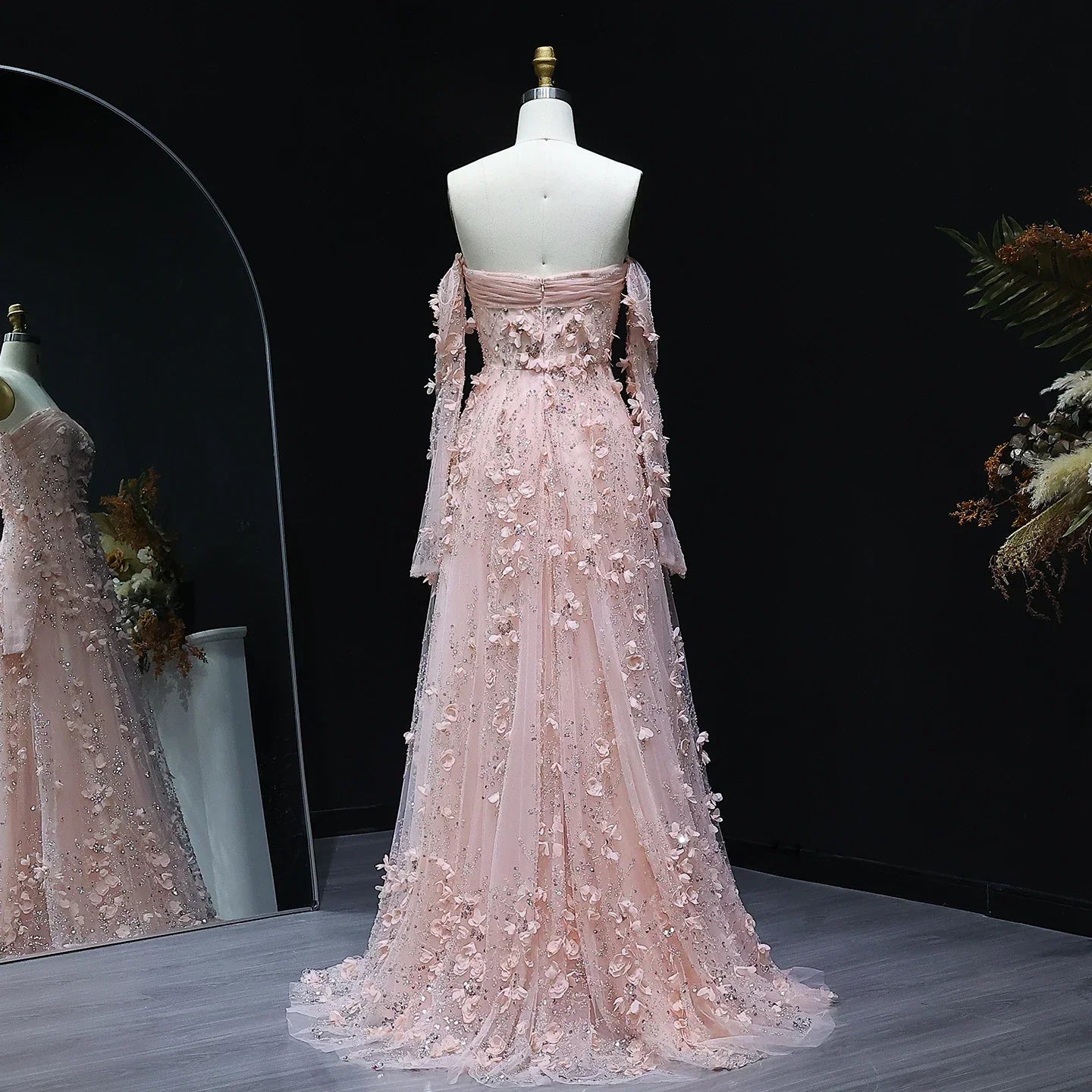 3D Flowers Long Sleeves Evening Party Dress