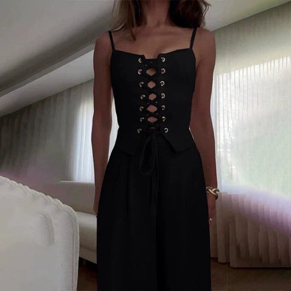 | Lace-Up Top Wide Leg Pants Set