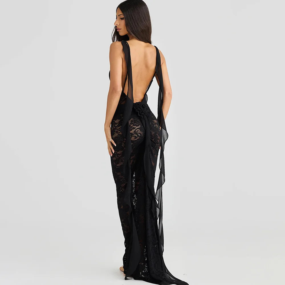 | Backless Lace Mermaid Gown with Chiffon Streamers