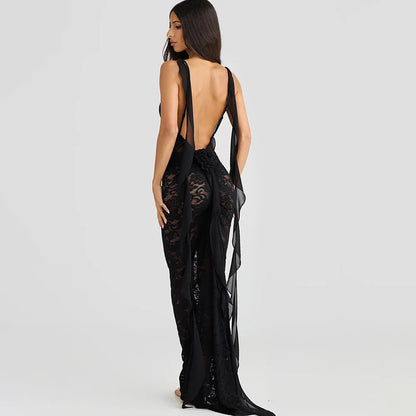 | Backless Lace Mermaid Gown with Chiffon Streamers