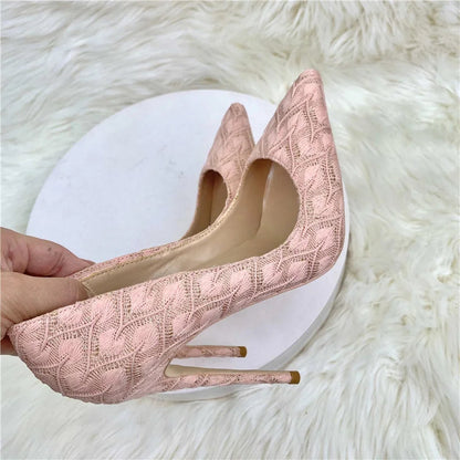 Pink Lace Fabric Pointy Toe High Heel Wedding Bridemaids Shoes