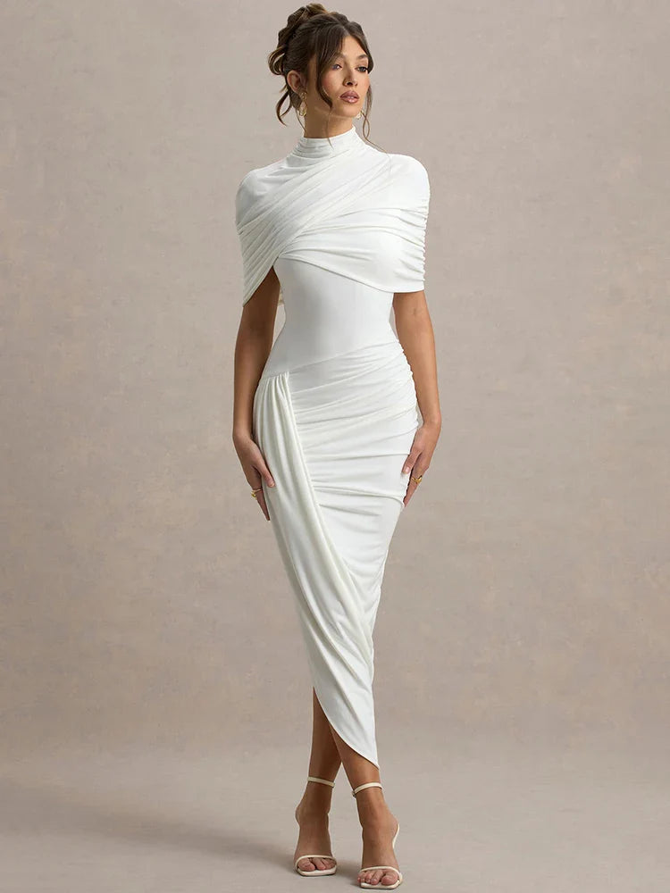 Half Sleeve Turtleneck Ruched Bodycon Dress
