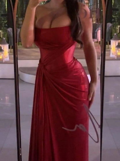 Off-shoulder Red Thigh High Split Dress