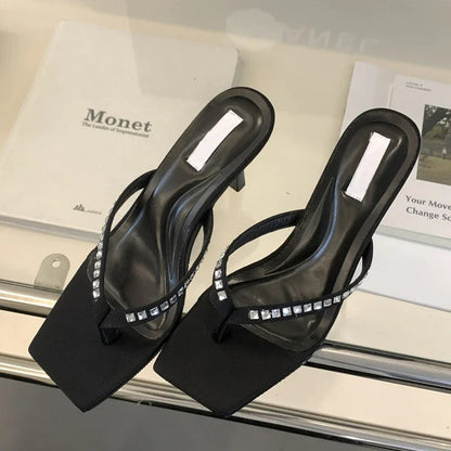 Crystal Square Clip Toe Thin Heel Flip Flops for Women