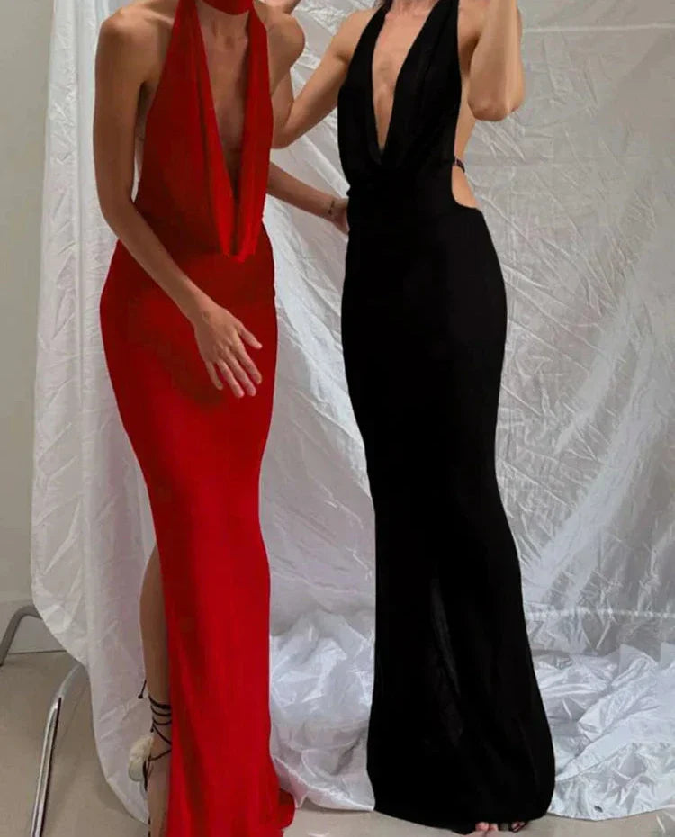 Halter Low Swinging Neck Maxi Dress