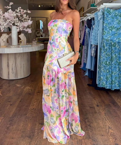 Strapless A-line Backless Floral Dress