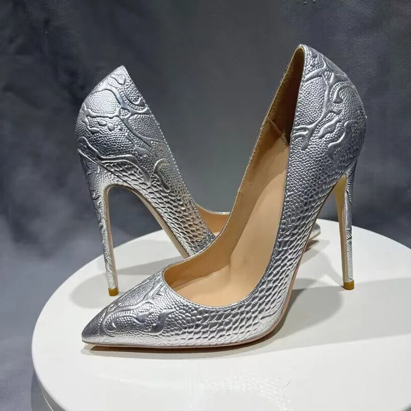 Embossed Crocodile Women Sexy Pointy Toe High Heel Shoes