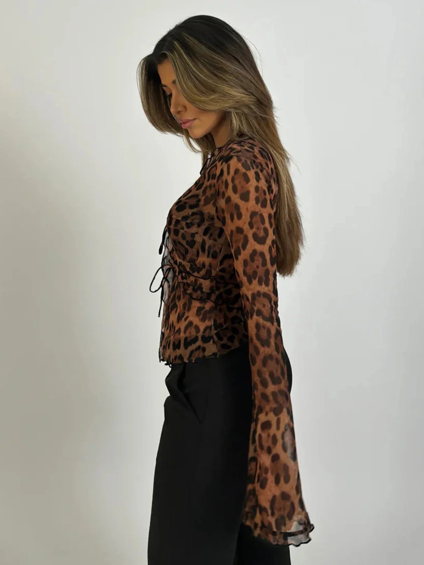 Leopard Mesh See-Through Blouse