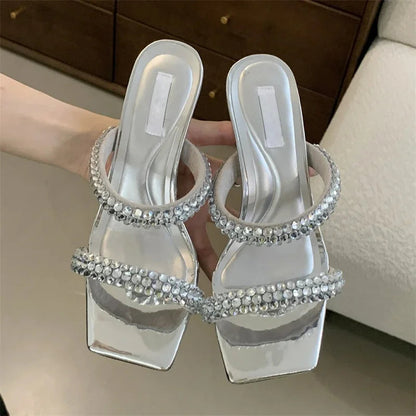 CRYSTAL Hollow Out Women Slippers with Square Toe and Thin Low Heels