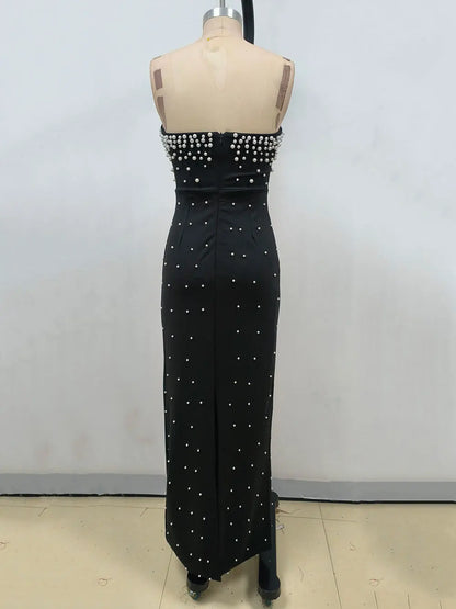 Pearl Design Bandage Strapless Long Dress