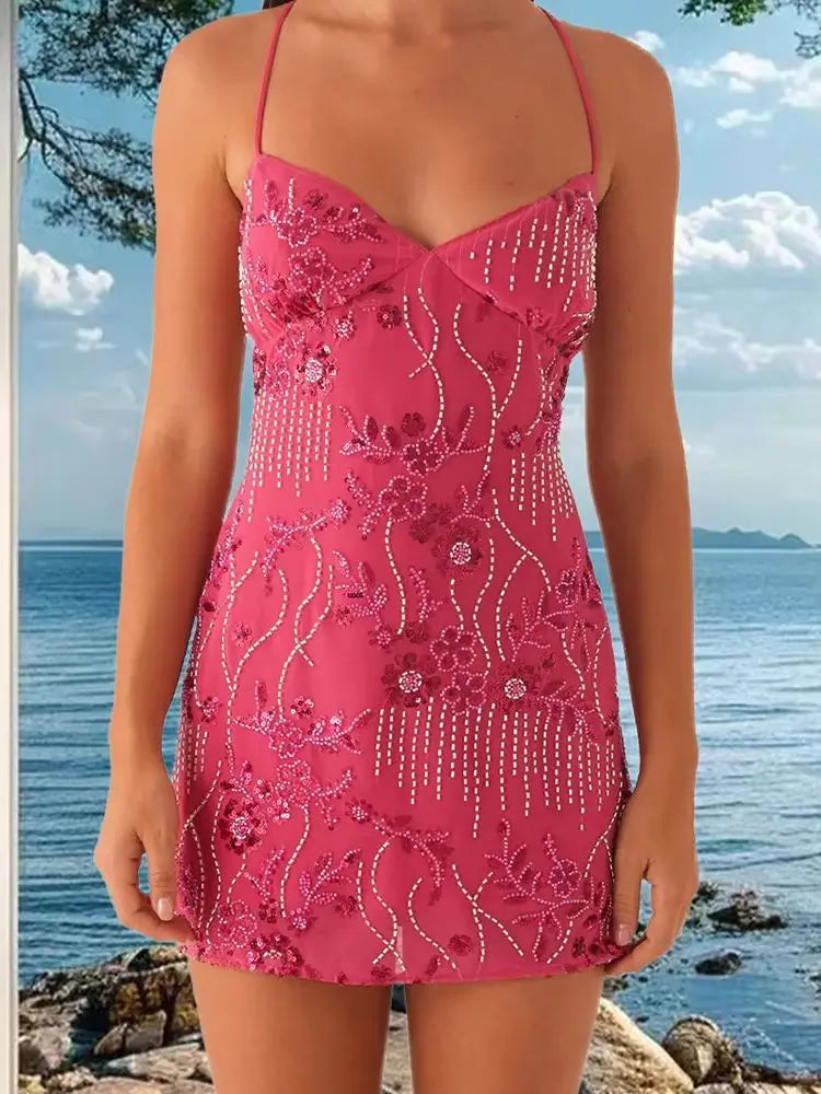 V-Neck Halter Mini Floral Dress