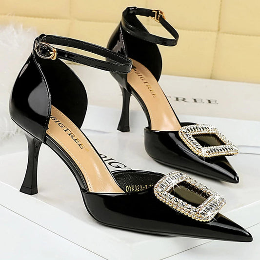 Patent Leather Rhinestone Kitten Heel Women Sandals with Buckle for Summer