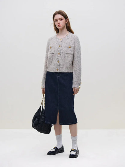 Wool Short Button Round Neck Cardigan