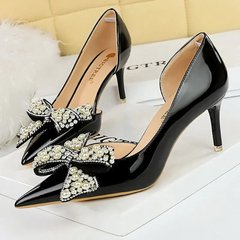 Women's Luxury Bowknot Pearl Rhinestone Patent Leather High Heels