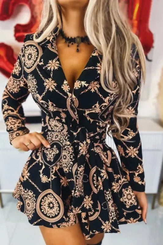 Baroque Print Mini Dress with Notched Collar