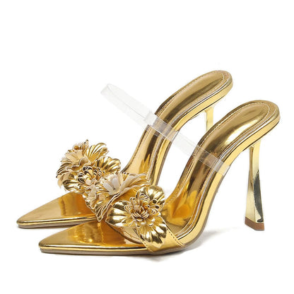 PVC Transparent Flower Pointed Toe Thin Heel Slippers for Summer
