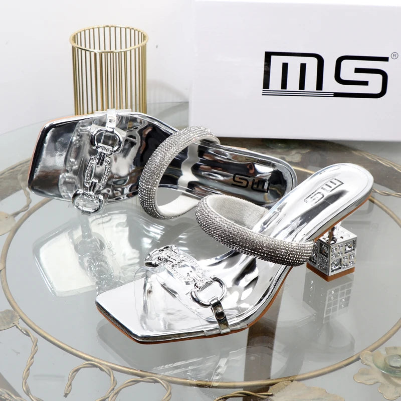Transparent belt with metal decoration and box-shaped square Alien heel high heels