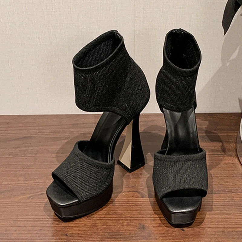 Summer Open Toe Platform Sandals Stretch Fabric Slip-On High Heels