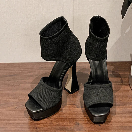 Summer Open Toe Platform Sandals Stretch Fabric Slip-On High Heels