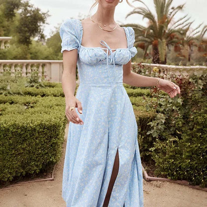 Split Short Sleeve A Line Floral Dress