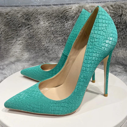 Mint Green Crocodile Effect Pointy Toe High Heel Shoes for Women