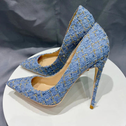 Navy Blue Plaid Pointy Toe High Heel Stiletto Pumps for Women
