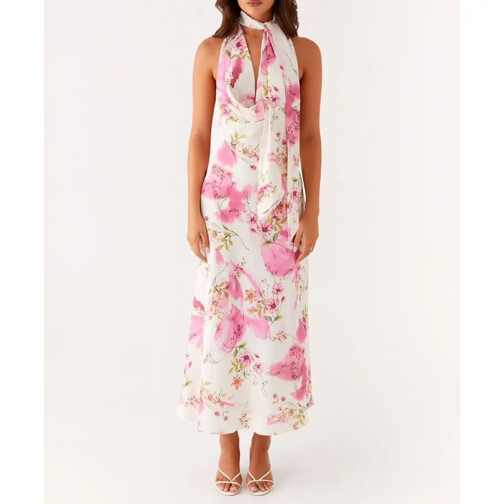 Cowl Neck Floral Halter Vacation Dress