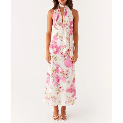Cowl Neck Floral Halter Vacation Dress
