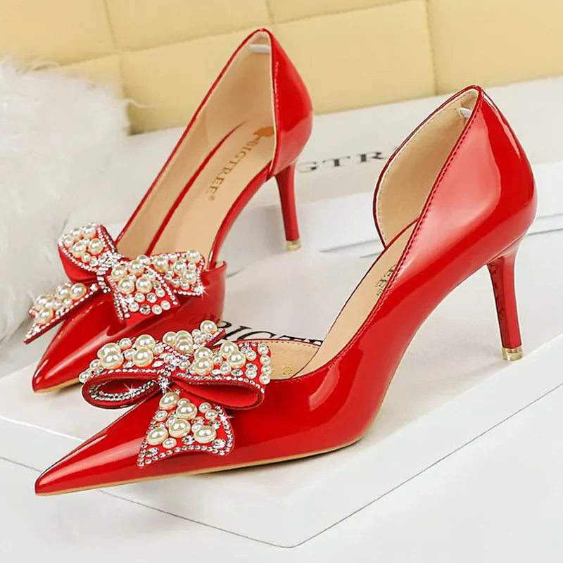 Women's Luxury Bowknot Pearl Rhinestone Patent Leather High Heels