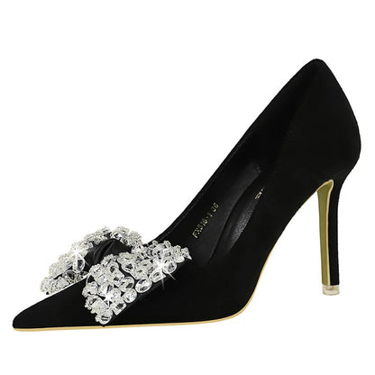 Rhinestone Bowknot Women Pumps - Luxury High Heels for Fashion Banquets
