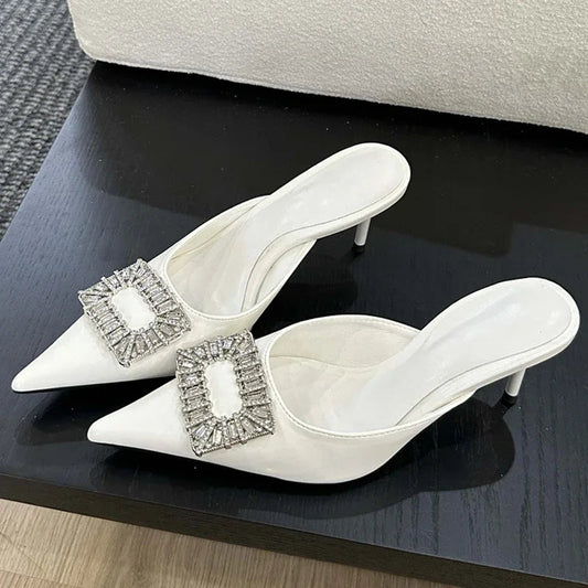Crystal Buckle Thin Heel Pointed Toe Spring Women Mule Shoes