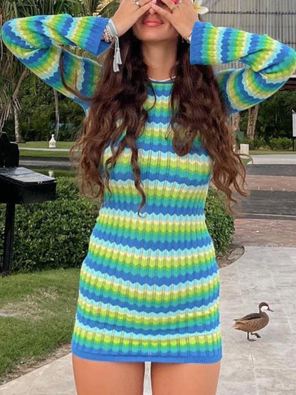 Striped Backless Long Sleeve Mini Dress