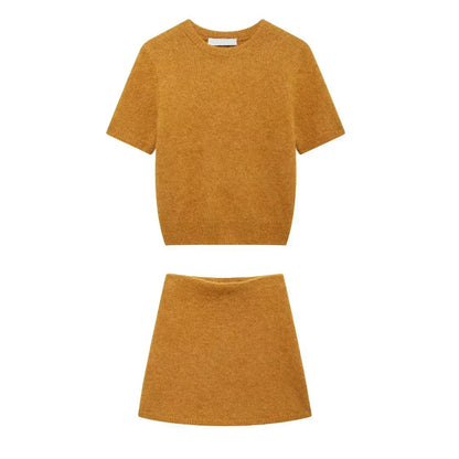 New Solid Knitted Skirts Sets Women O Neck Short Sleeve Crop Top+Mini Skirt Suits Streetwear Fashion Elegant Sexy Two-piece Set