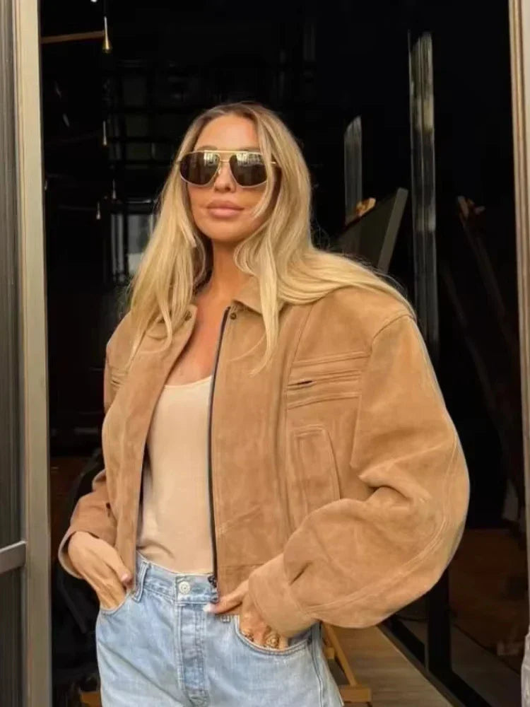 Elegant Camel Cropped Suede Jacket Women Lapel Full Sleeve Pocket Zipper Short Coat New Causal Autumn Lady Daily Streetwear 2025