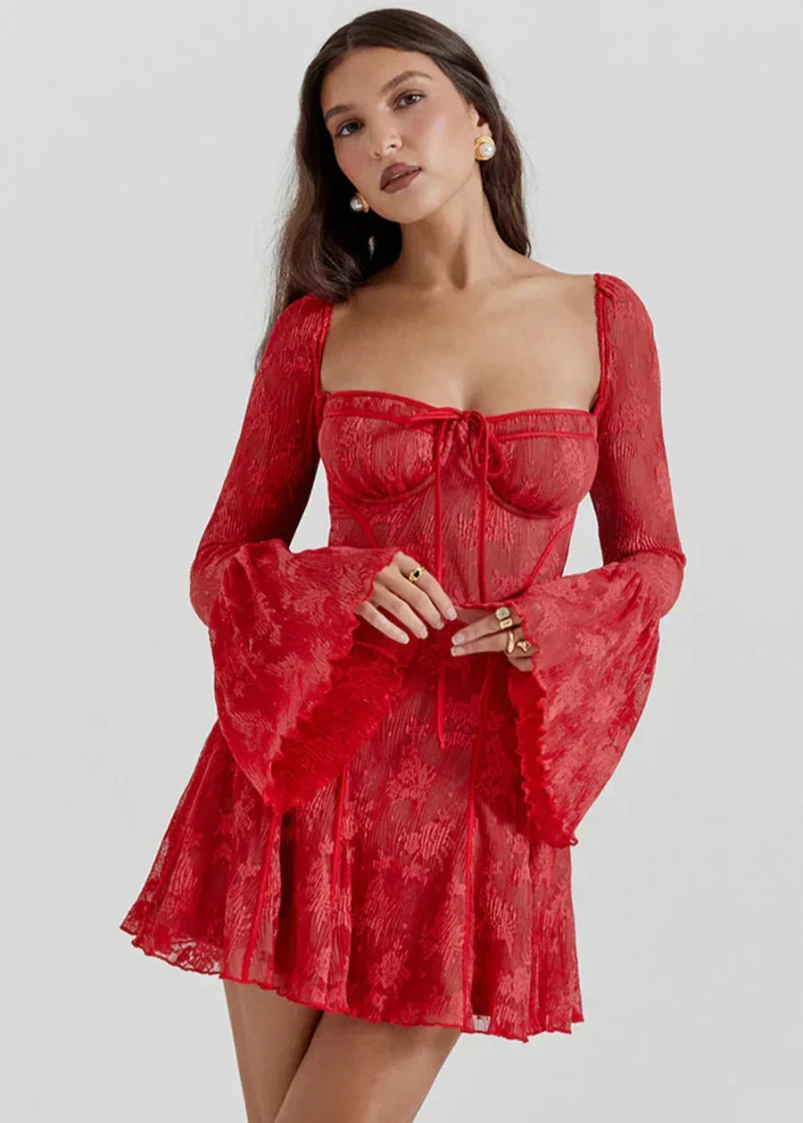 Floral Lace Bustier Tie Front Bell Sleeve Fit and Flare Mini Dress