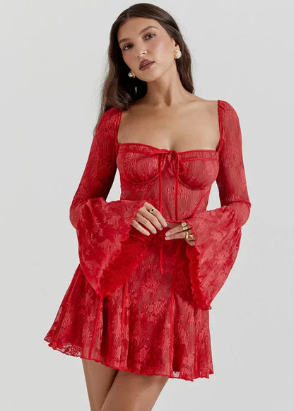 Floral Lace Bustier Tie Front Bell Sleeve Fit and Flare Mini Dress