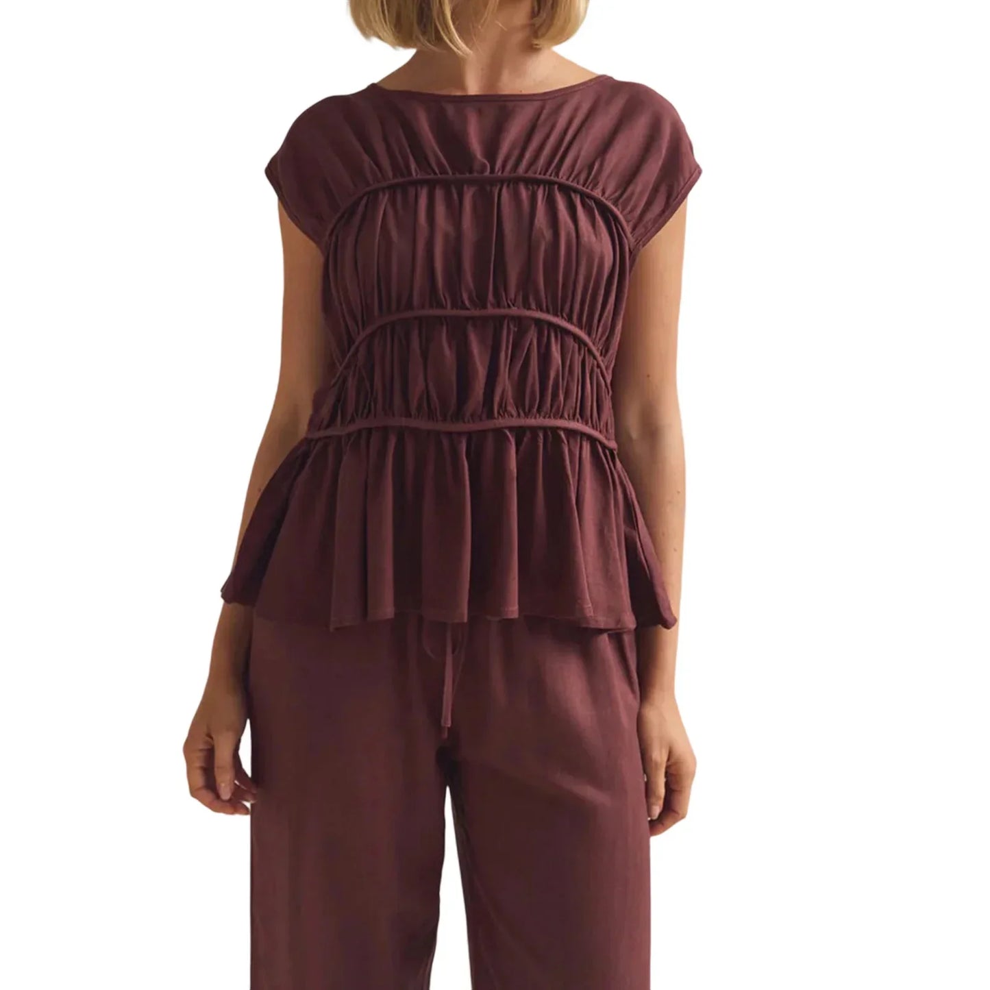 | Ruched Cap Sleeve Peplum Top